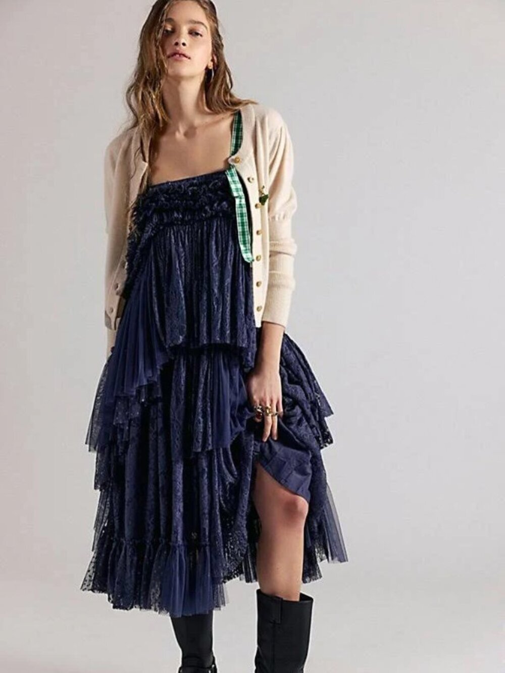 New Free People Isabel Babydoll Boho Lace Chiffon Navy Midi Dress/Maxi Skirt NWT